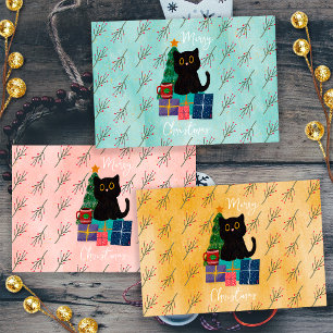 Feuille De Papier Cadeau Joyeux Noël festif Art de café de chat noir mignon