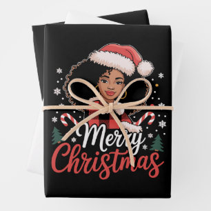 Feuille De Papier Cadeau Joyeux Noël Fille Africaine Noire Chapeau de Père 