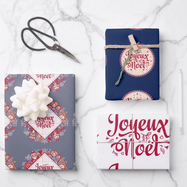 Feuille De Papier Cadeau Joyeux Noel Français Noël salut traditionnel (Recto)