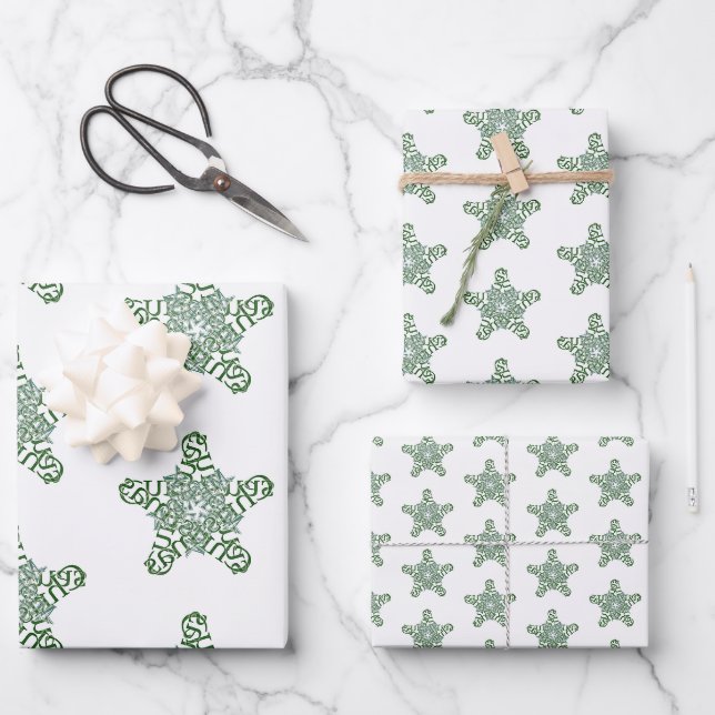 Feuille De Papier Cadeau Joyeux Noël Green Calligraphie Star (Recto)