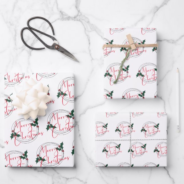 Feuille De Papier Cadeau Joyeux Noël Holly Wreath moderne (Recto)
