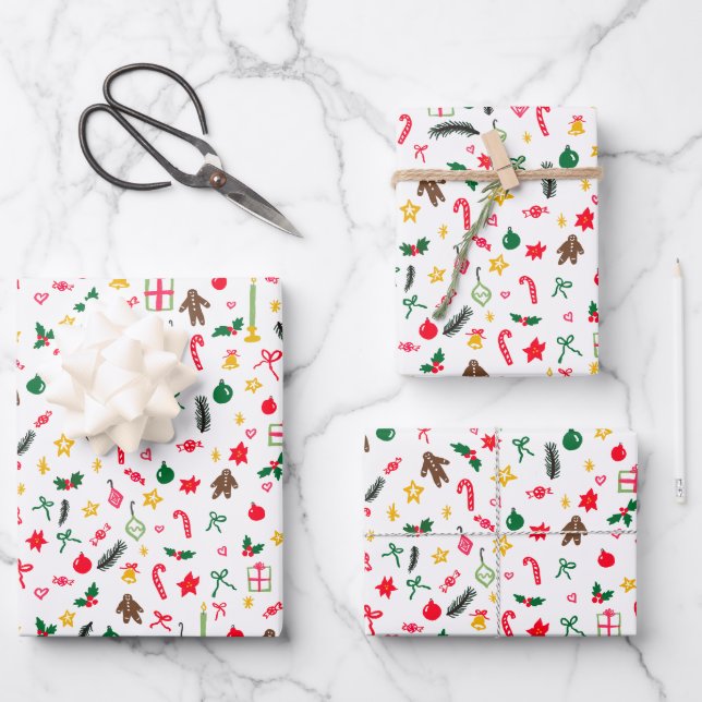 Feuille De Papier Cadeau Joyeux Noël mignon Doodle Motif Whimsical (Recto)