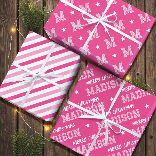 Feuille De Papier Cadeau Joyeux Noël Nom Monogramme Ado rose Fille (Créateur téléchargé)