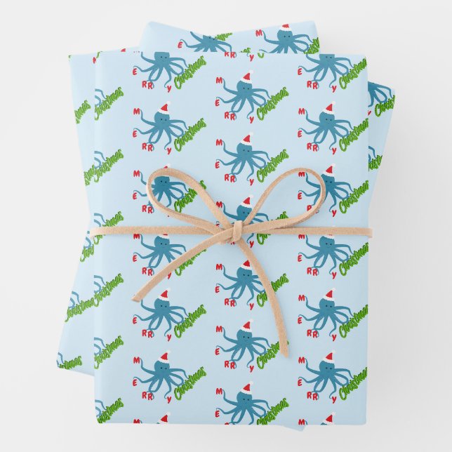 Feuille De Papier Cadeau Joyeux Noël Octopus Santa Hat Noël (En situation)