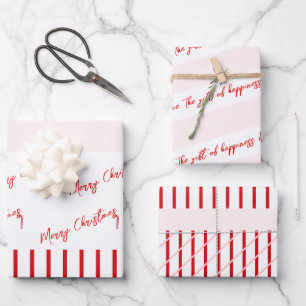 Feuille De Papier Cadeau Joyeux Noël Red Stripes & Soft Pink