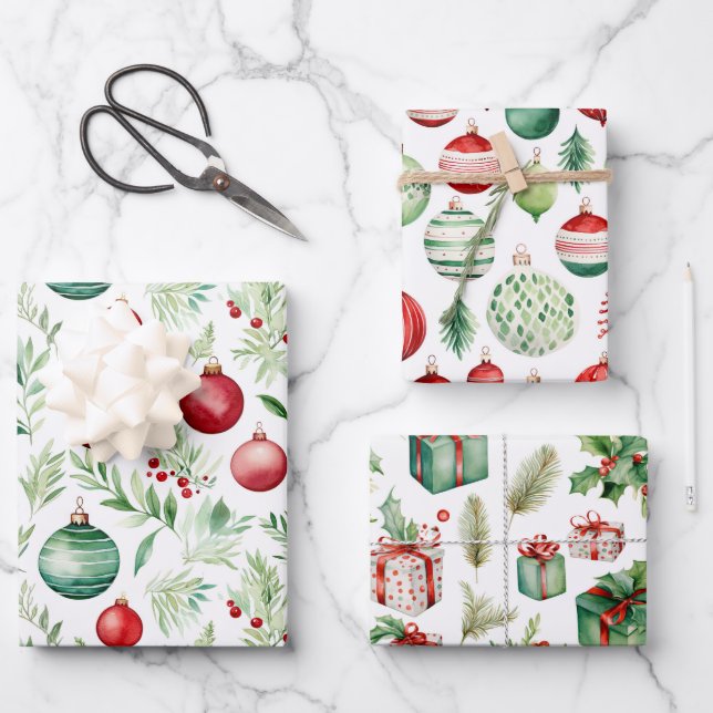 Feuille De Papier Cadeau Joyeux Noël Rouge Vert Ornements (Recto)