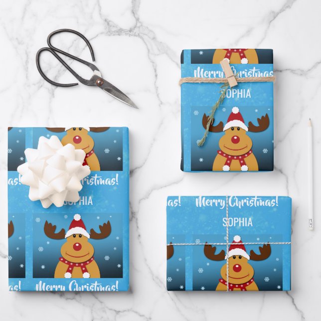 Feuille De Papier Cadeau Joyeux Noël Rudolph Reindeer Nom personnalisé (Recto)