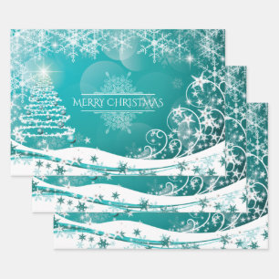 Feuille De Papier Cadeau Joyeux Noël Snowflakes Arbre Fleurs & Étoiles