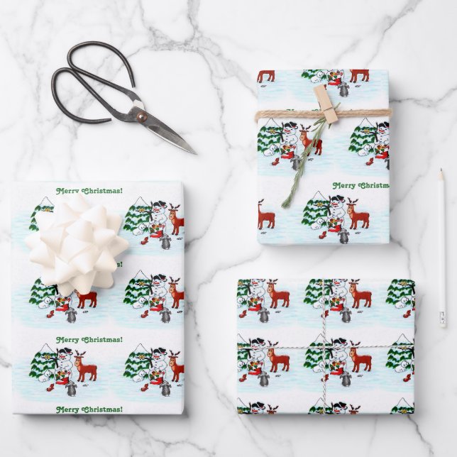 Feuille De Papier Cadeau Joyeux Noël! Snowman avec amis (Recto)