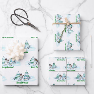 Feuille De Papier Cadeau Joyeux Noël ! Snowman avec chat et chiot