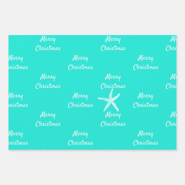 Feuille De Papier Cadeau Joyeux Noël Starfish Motifs Turquoise Bleu Vert (Devant)