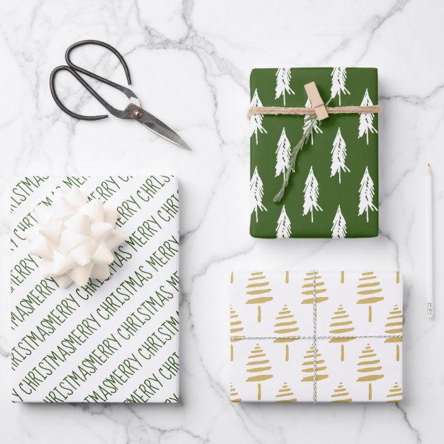 Feuille De Papier Cadeau Joyeux Noël vert et or moderne (Recto)