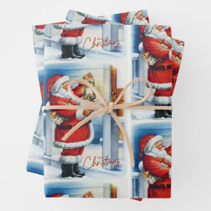 Feuille De Papier Cadeau Joyeux Noël Vintage Père Noël à votre porte