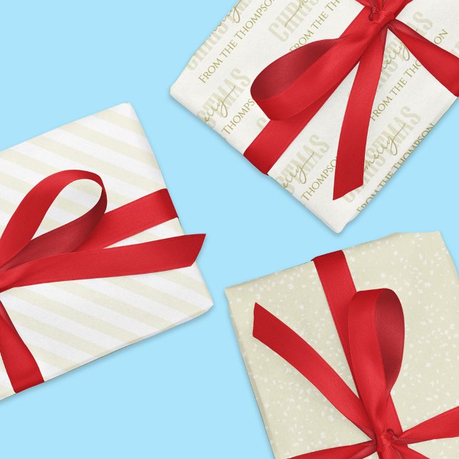 Feuille De Papier Cadeau Joyeux or Motif de Noël personnalisé (Gold calligraphy script custom gift wrap with matching stripes and speckles. )