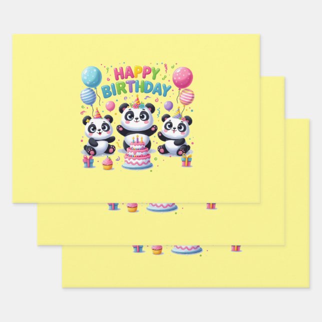 Feuille De Papier Cadeau Joyeux Pandas d'anniversaire (Lot)