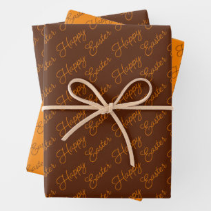 Feuille De Papier Cadeau Joyeux Pâques Script Orange et Marron