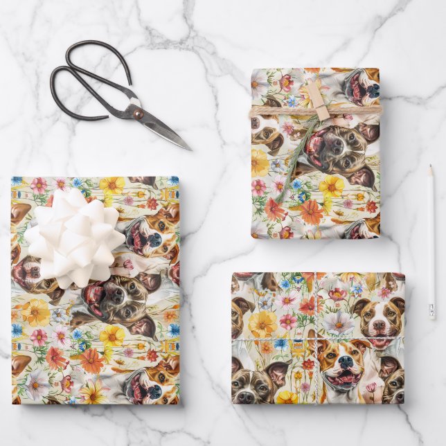 Feuille De Papier Cadeau Joyeux Pitbull Chiens, Pit Bulls (Recto)