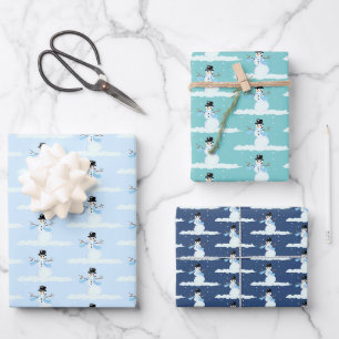 Feuille De Papier Cadeau Joyeux Snowman Motif Bleu Noël hiver