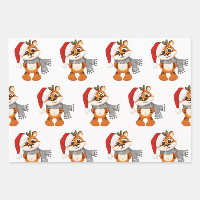 Feuille De Papier Cadeau Joyeux tigre de Noël mignon (Devant 3)