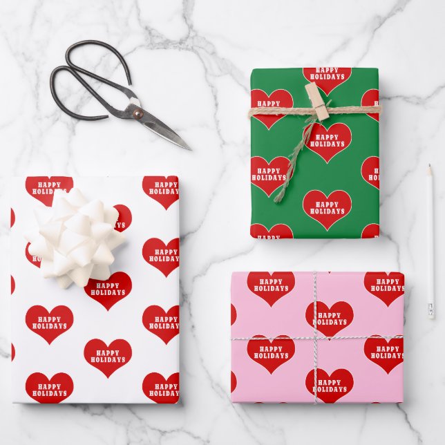 Feuille De Papier Cadeau JOYEUX VACANCES Red Love Heart (Recto)