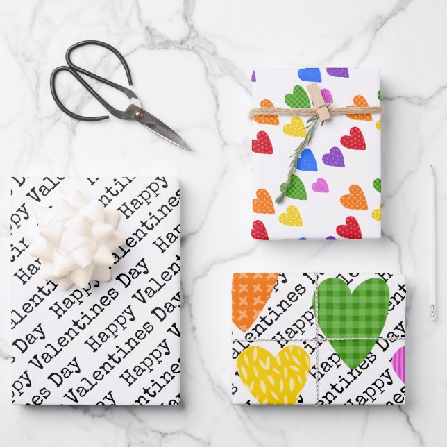 Feuille De Papier Cadeau Joyeux Valentines Jour Coeurs colorés Enfants Amou (Recto)