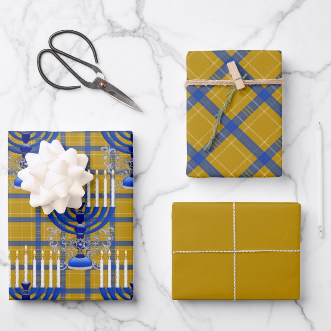 Feuille De Papier Cadeau Juif-Menorah-Or-Plaid (Recto)