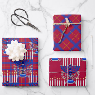 Feuille De Papier Cadeau Juif-Menorah-Plaid-Grenade-Rouge