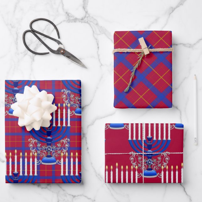 Feuille De Papier Cadeau Juif-Menorah-Plaid-Grenade-Rouge (Recto)