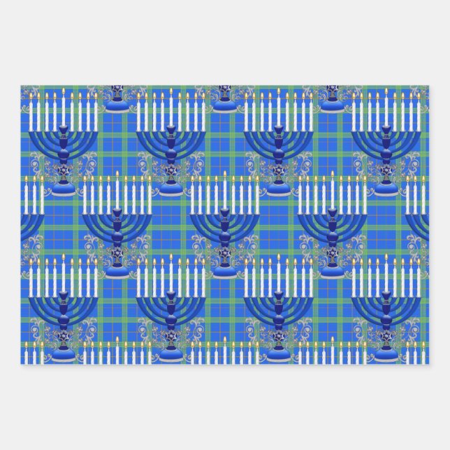Feuille De Papier Cadeau Juif-Menorah-Plaid-Lt-Bleu (Devant)