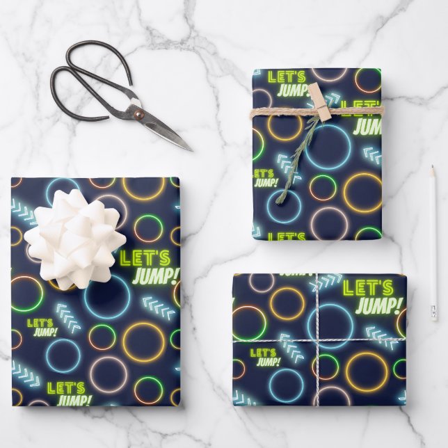 Feuille De Papier Cadeau Jump Neon Glow Trampoline Park Anniversaire (Recto)