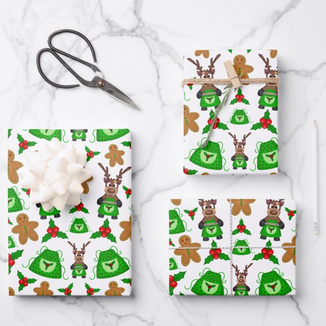 Feuille De Papier Cadeau Kasky Cute Christmas Reindeer Baking pain d'épices (Recto)