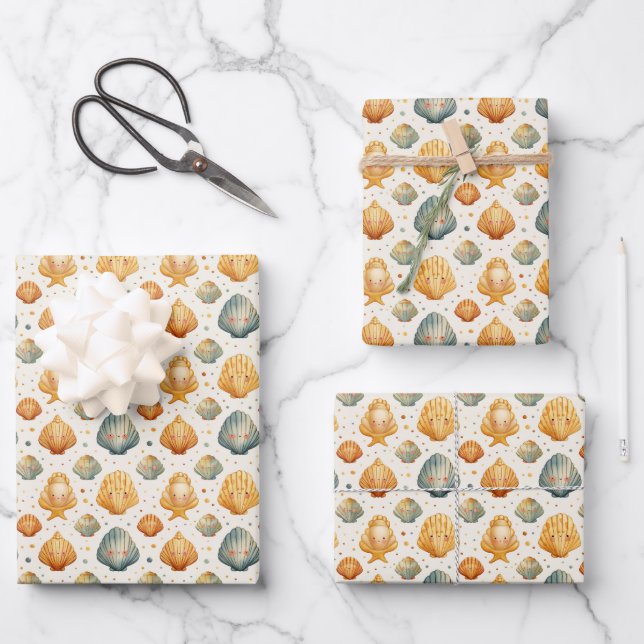 Feuille De Papier Cadeau Kawaii Coques Jaune et Bleu (Recto)