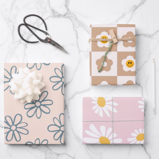 Feuille De Papier Cadeau Kawaii Rétro Rose Marguerite (Recto)