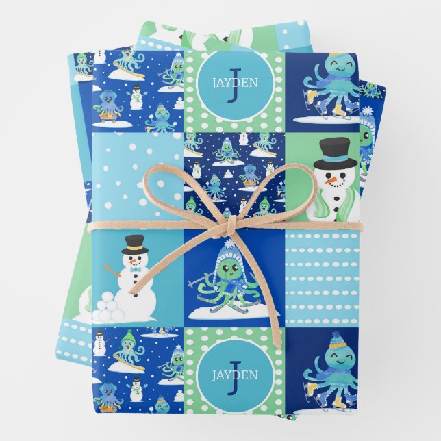 Feuille De Papier Cadeau Kids Octopus Winter Sports Patchwork Personalized  (En situation)