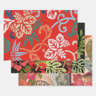 Feuille De Papier Cadeau Kimono japonais hawaïen rouge : Vintage floral