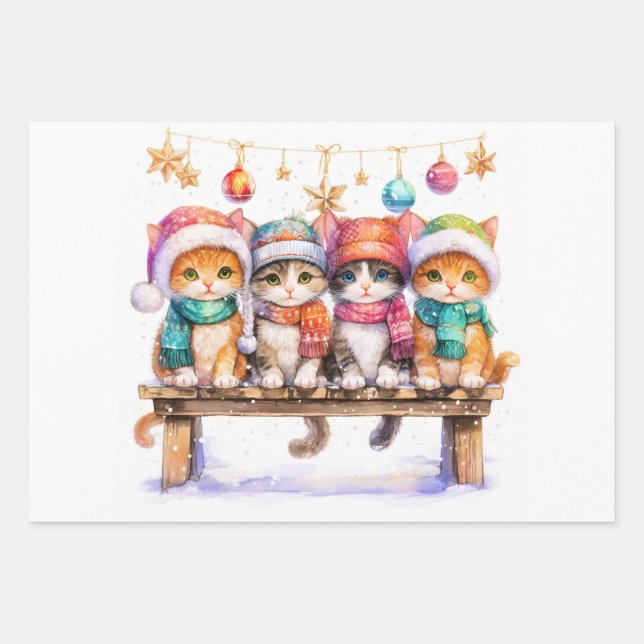 Feuille De Papier Cadeau Kittens Celebrating Christmas, cuddly and cute, (Devant 3)