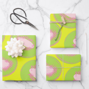 Feuille De Papier Cadeau Kiwi Pop Art Fruit Motif en Chartreuse et rose
