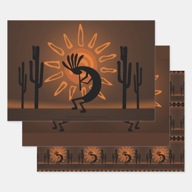 Feuille De Papier Cadeau Kokopelli Sun Southwest Rustic Brown (Lot)