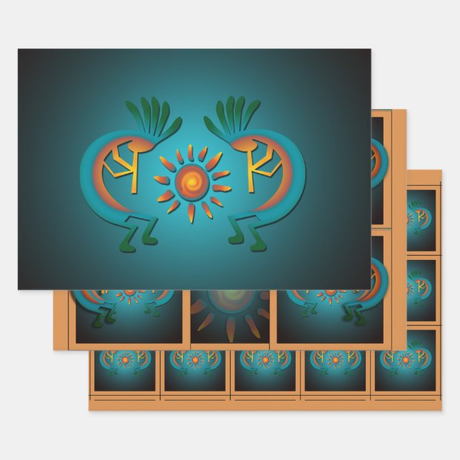 Feuille De Papier Cadeau Kokopelli Sun Sud-Ouest Turquoise (Lot)