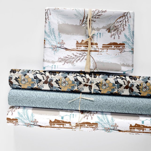 Feuille De Papier Cadeau La ferme hivernale des Magnolias (Winter Horse Farm Magnolias Wrapping Paper Sheets from Jenn Steffen Art for Jenn's Emporium.)