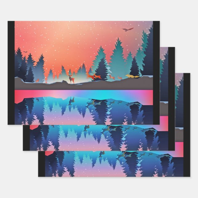 Feuille De Papier Cadeau Lac d'hiver pittoresque avec Cerf (Lot)