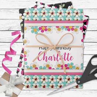 Feuille De Papier Cadeau Ladybugs et fleurs Anniversaire