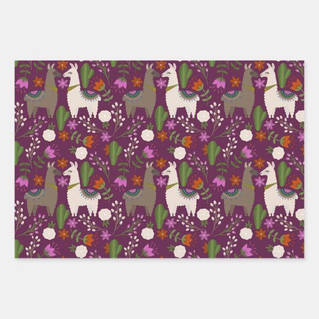 Feuille De Papier Cadeau Lamas, fleurs et cactus sur le violet (Devant)