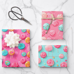 Feuille De Papier Cadeau Lane bonbon rose et bleu Lollipops amusant
