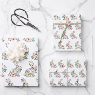 Feuille De Papier Cadeau Lapin de Pâques aux fleurs sauvages roses et bleue