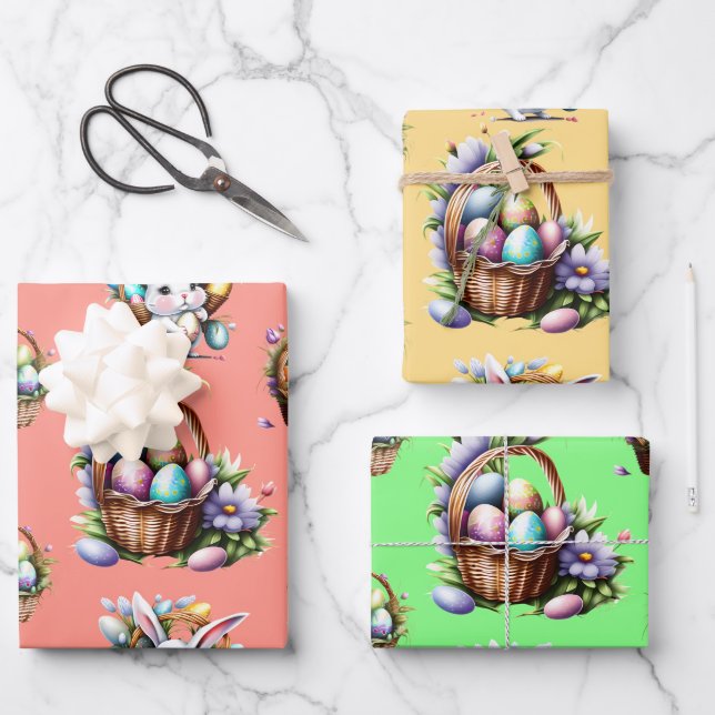 Feuille De Papier Cadeau lapin de Pâques panier d'oeufs pastel (Recto)