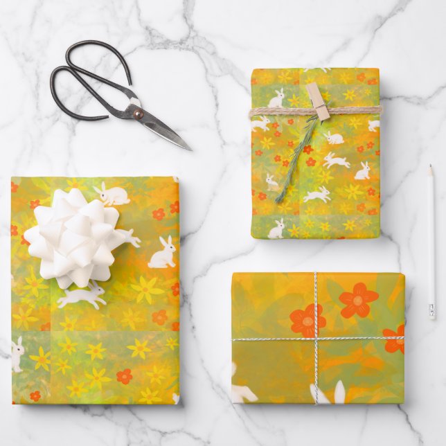 Feuille De Papier Cadeau lapins blancs dans une prairie (Recto)
