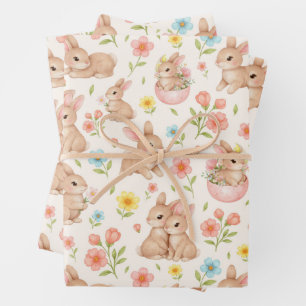 Feuille De Papier Cadeau Lapins et fleurs à l'aquarelle - Motif mignon
