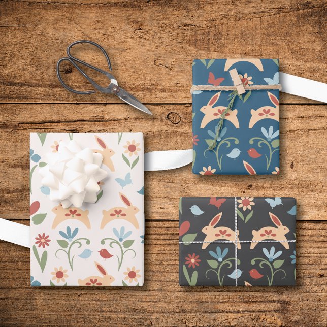 Feuille De Papier Cadeau Lapins Fleur sauvage folk scandinave (Créateur téléchargé)