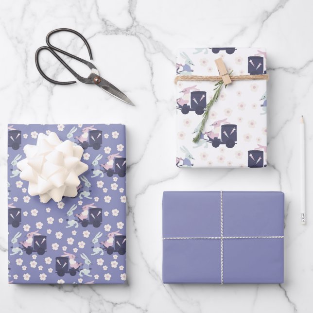 Feuille De Papier Cadeau Lapins lapins bleus, violets et blancs Pâques (Recto)